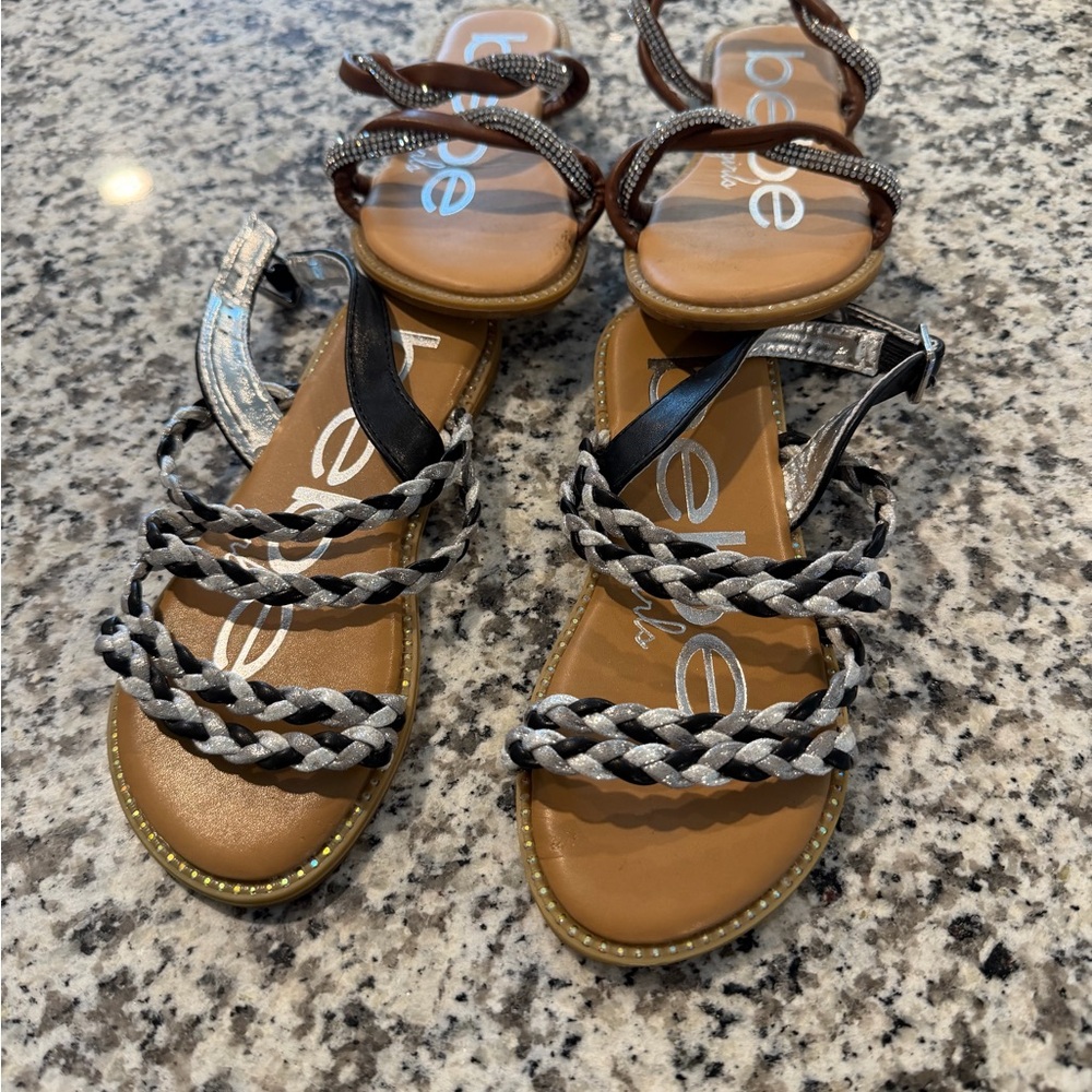 Bebe Black and Silver Braided Sandals